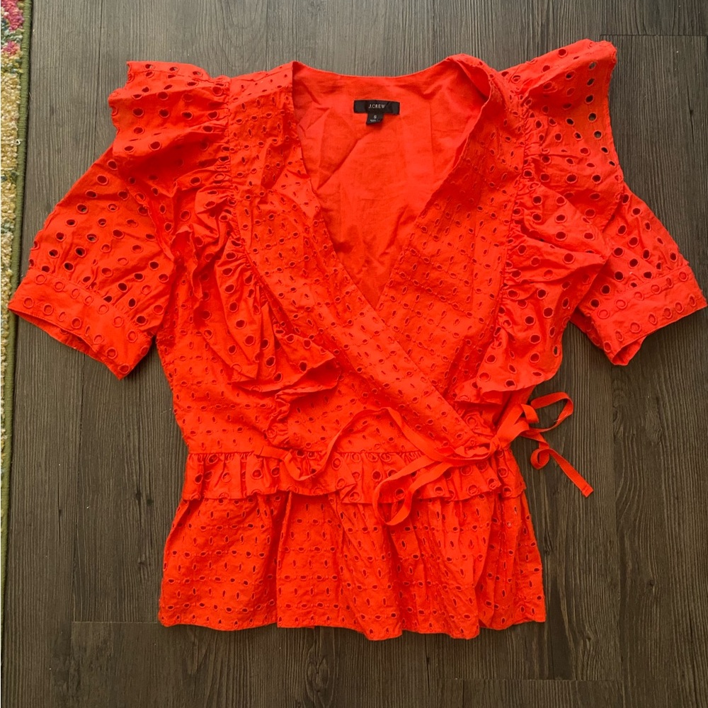 J Crew Red Eyelet Ruffle Top